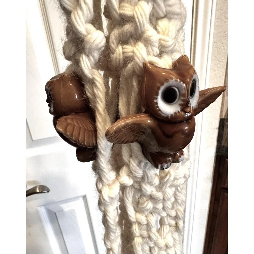 Macrame Cream Plant Hanger Boho 70s Hanging Planter w/ Owl Accents 58